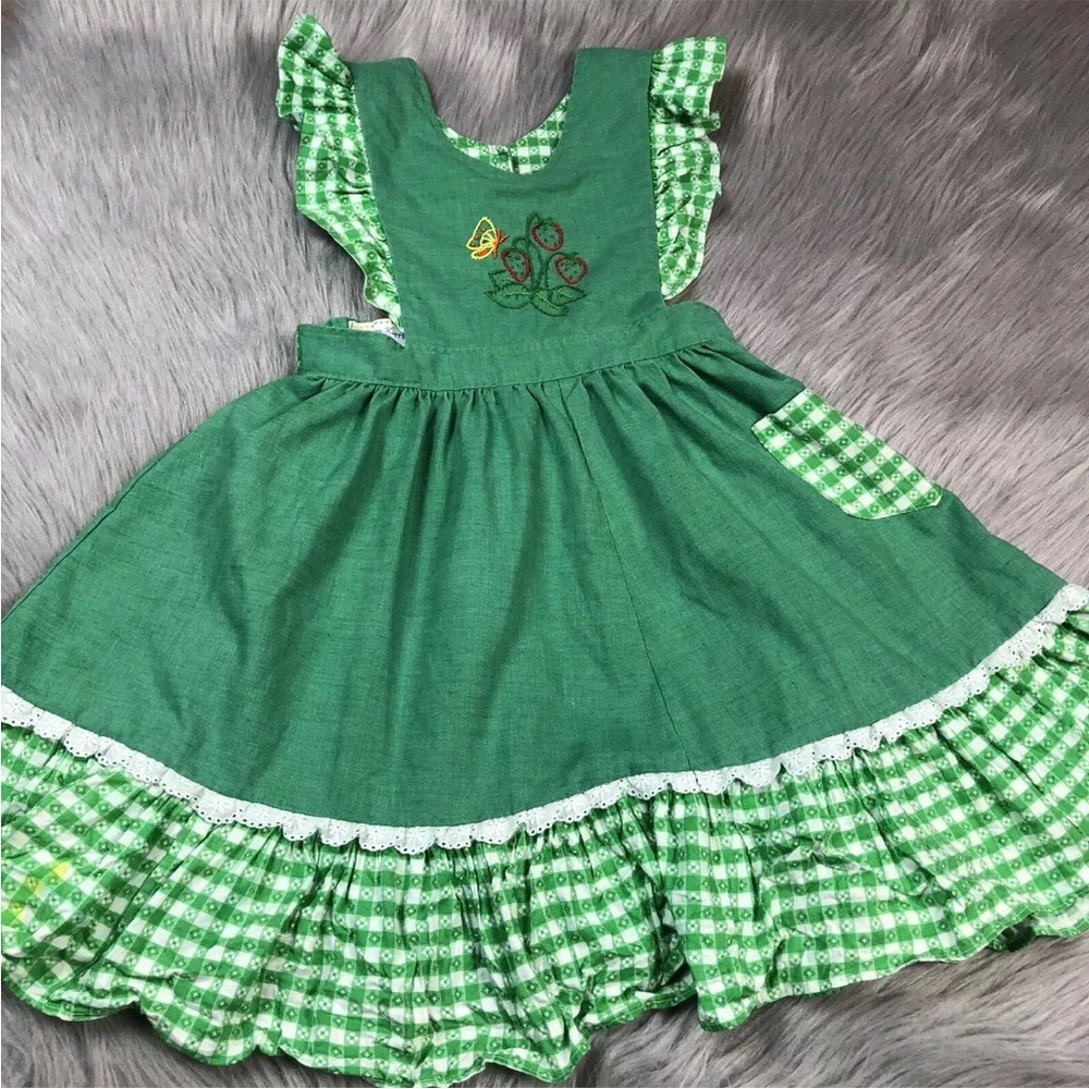 Vintage Handmade Girls Green White Checkered Strawberry Ruffle Pinafore